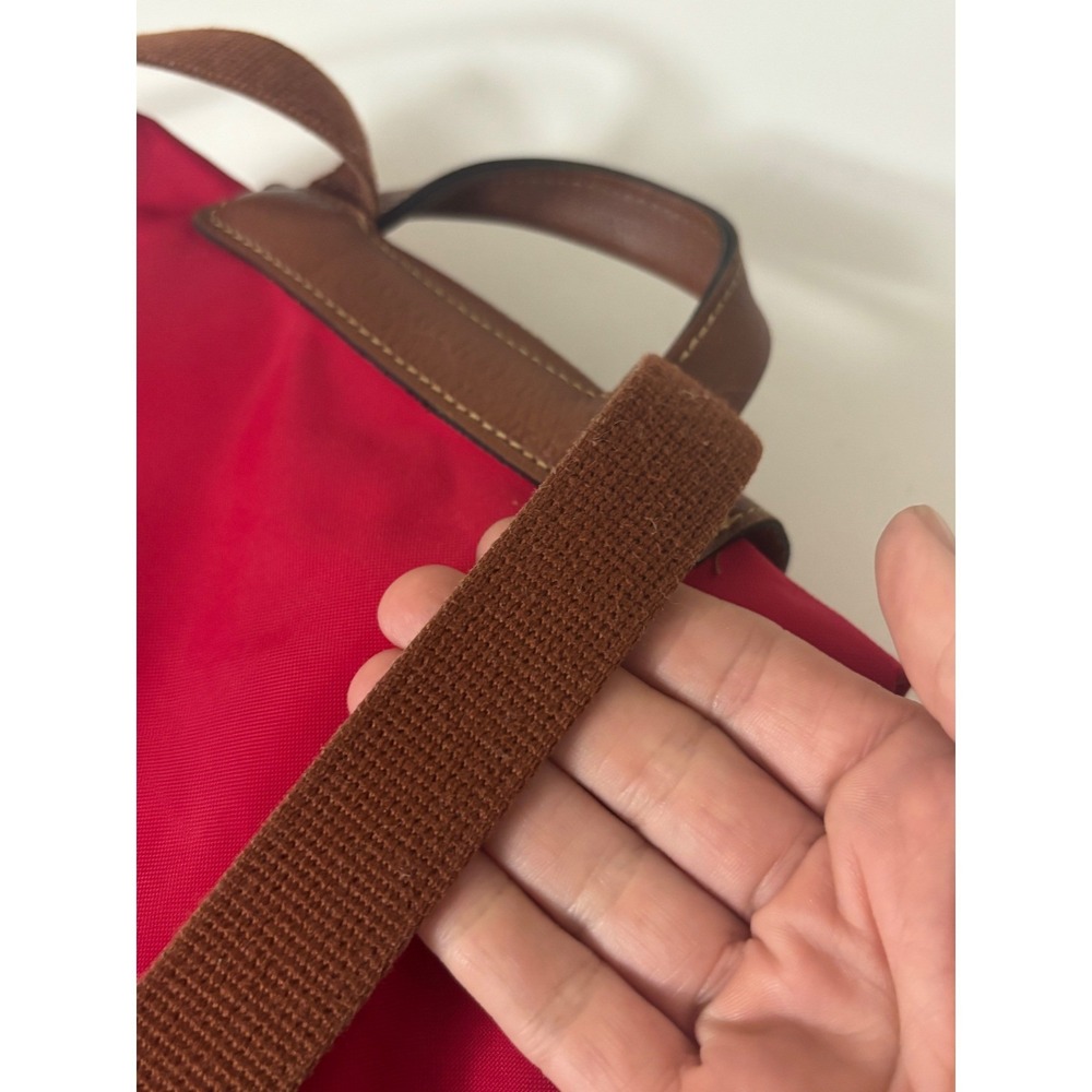 Longchamp Le Pliage Red Nylon Backpack Women Gold Zip Leather Trim STAINED - Picture 8 of 15